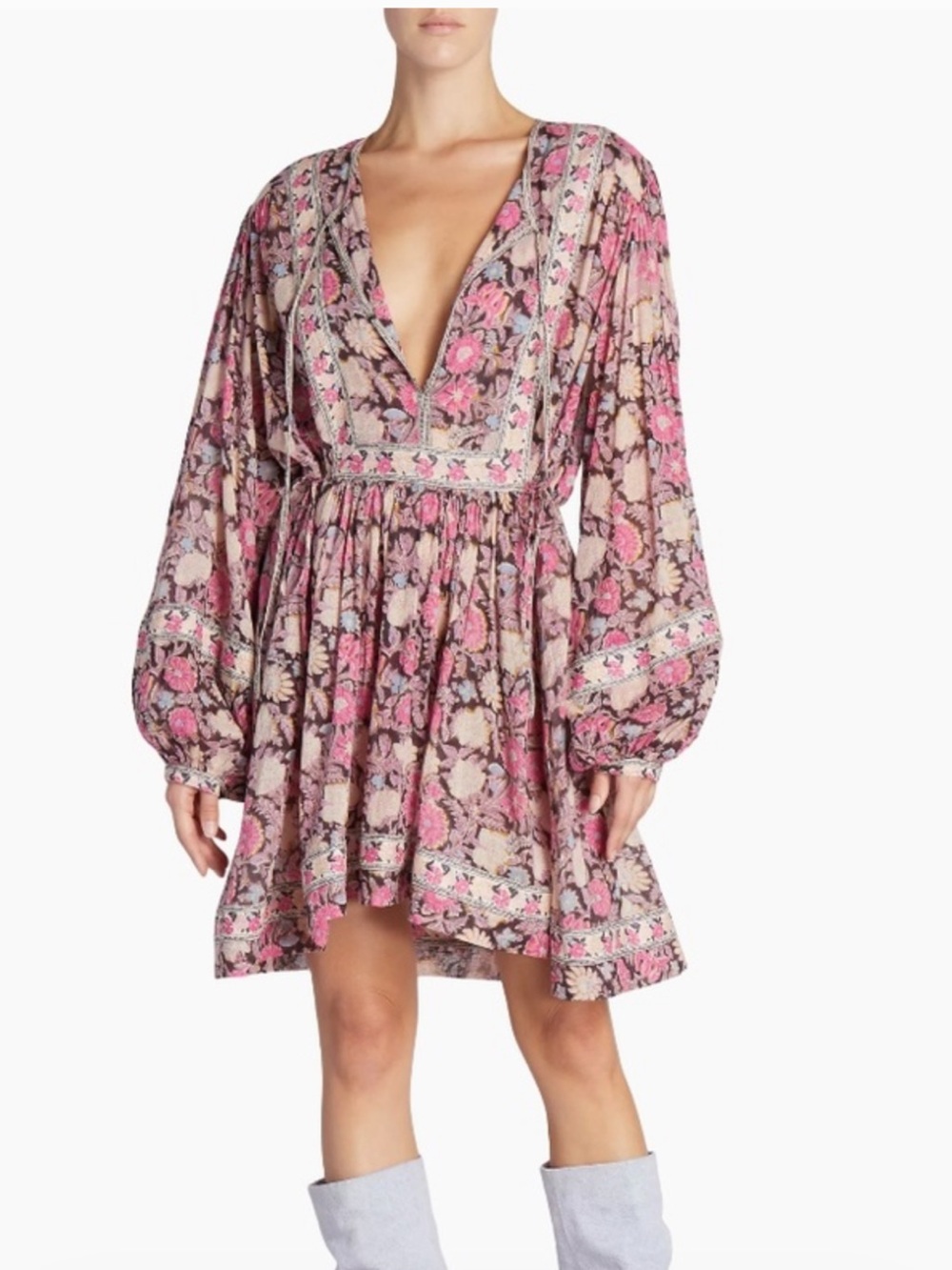 Isabel Marant Etoile Floral V-Neck Long Sleeve Pink Mini Dress